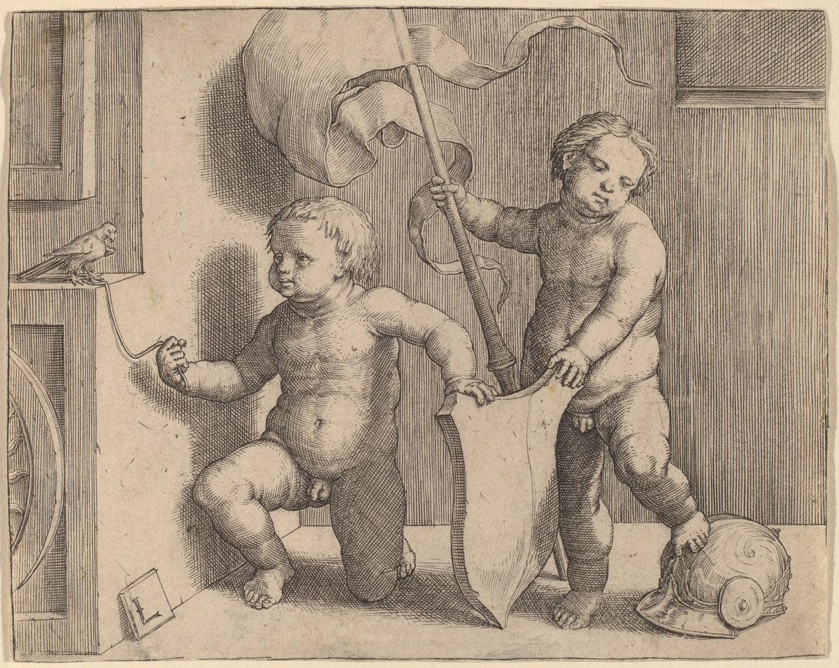 Two Naked Children Supporting a Blank Shield by Lucas van Leyden (Netherlandish, 1489/1494 - 1533), 16X12"(A3)Poster Print