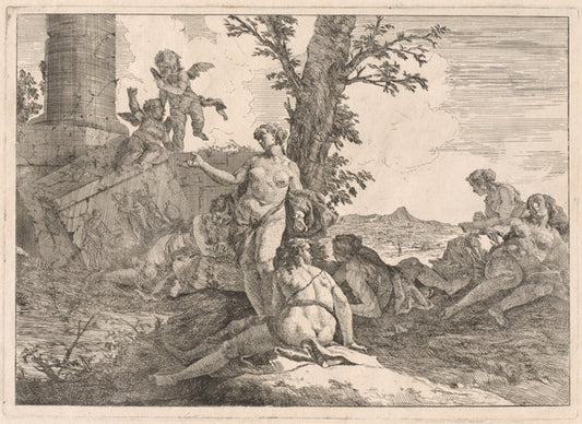 Six Nymphs and Two Cupids in a Landscape by Francesco Fontebasso (Venetian, 1709 - 1769), 16X12"(A3)Poster Print
