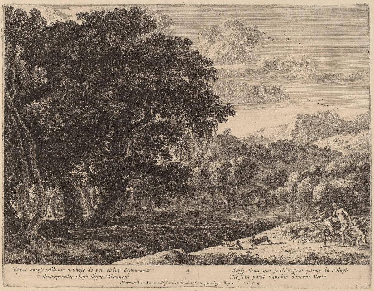 Venus and Adonis Hunting by Herman van Swanevelt (Dutch, c. 1600 - 1655), 16X12"(A3)Poster Print