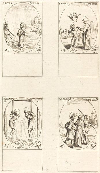St. Thecla; St. Linus; Sts. Andochius and Thyrsus; St. Cleophas by Jacques Callot (French, 1592 - 1635), 16X12"(A3)Poster Print