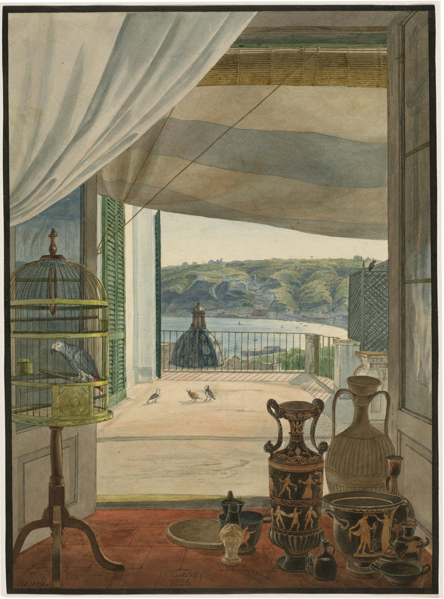 Antiquities by a Balcony Overlooking the Gulf of Naples by Carl Wilhelm Götzloff (German, 1799 - 1866), 16X12"(A3)Poster Print