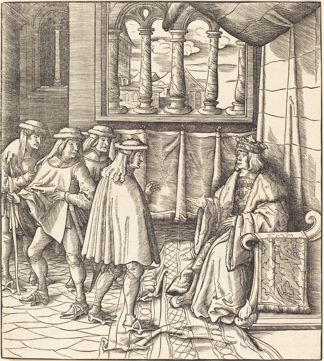 A King on a Throne, before him Four Men by Leonhard Beck (German, c. 1480 - 1542), 16X12"(A3)Poster Print