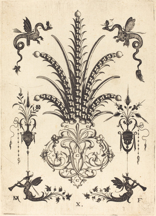 Brooch with Table-Stones, Dragons at Top, andWinged Monsters Blowing Horns at Bottom by Daniel Mignot (German, active 1593/1596), 16X12"(A3)Poster Print