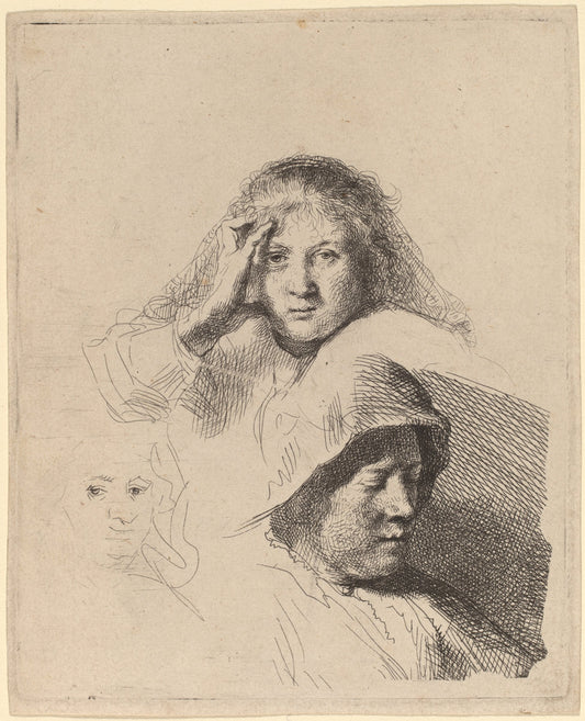 Three Heads of Women, One Lightly Etched by Rembrandt van Rijn (Dutch, 1606 - 1669), 16X12"(A3)Poster Print