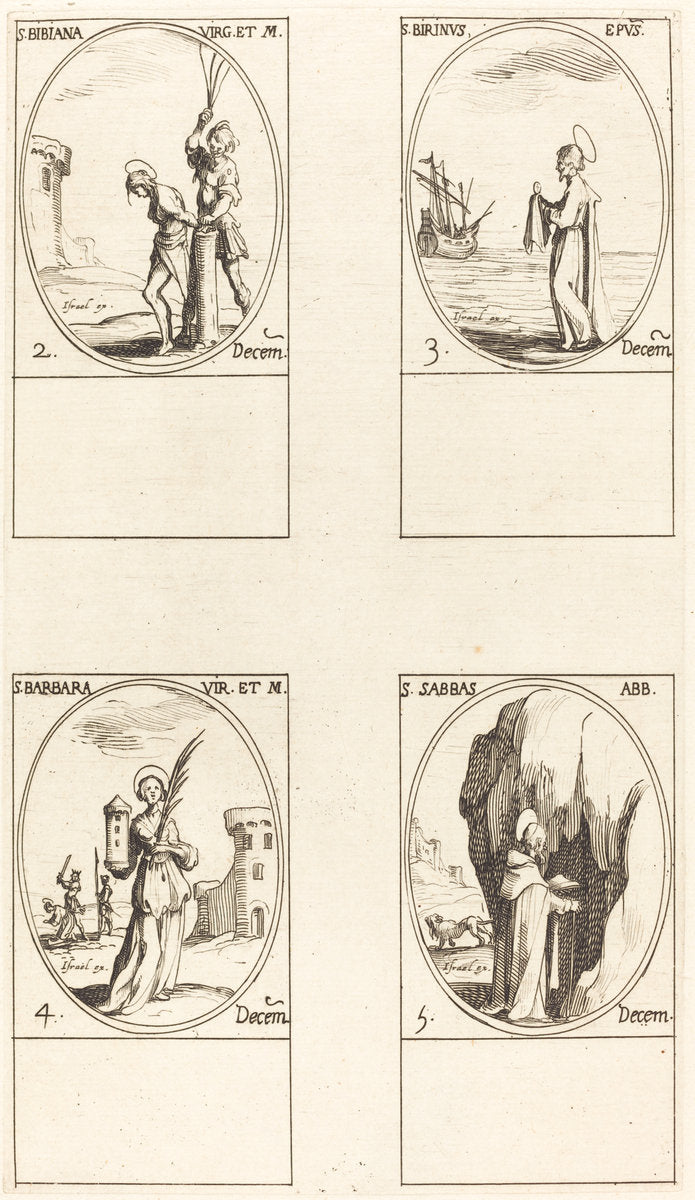 St. Irene & Companions; St. Christiana; Sts. Anania, Azaria & Misael; St. Florianus & by Jacques Callot (French, 1592 - 1635), 16X12"(A3)Poster Print