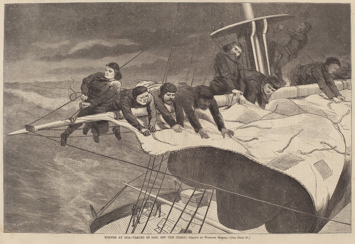 published 1869 by after Winslow Homer (Winter at Sea - Taking in Sail Off the Coast), 16X12"(A3)Poster Print