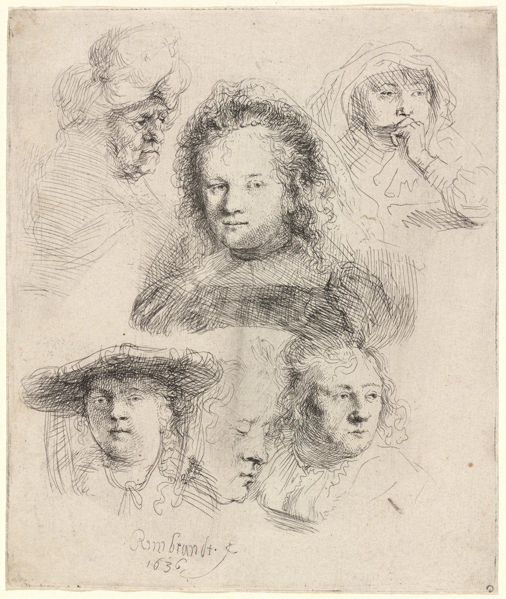 Studies of the Head of Saskia and Others by Rembrandt van Rijn (Dutch, 1606 - 1669), 16X12"(A3)Poster Print