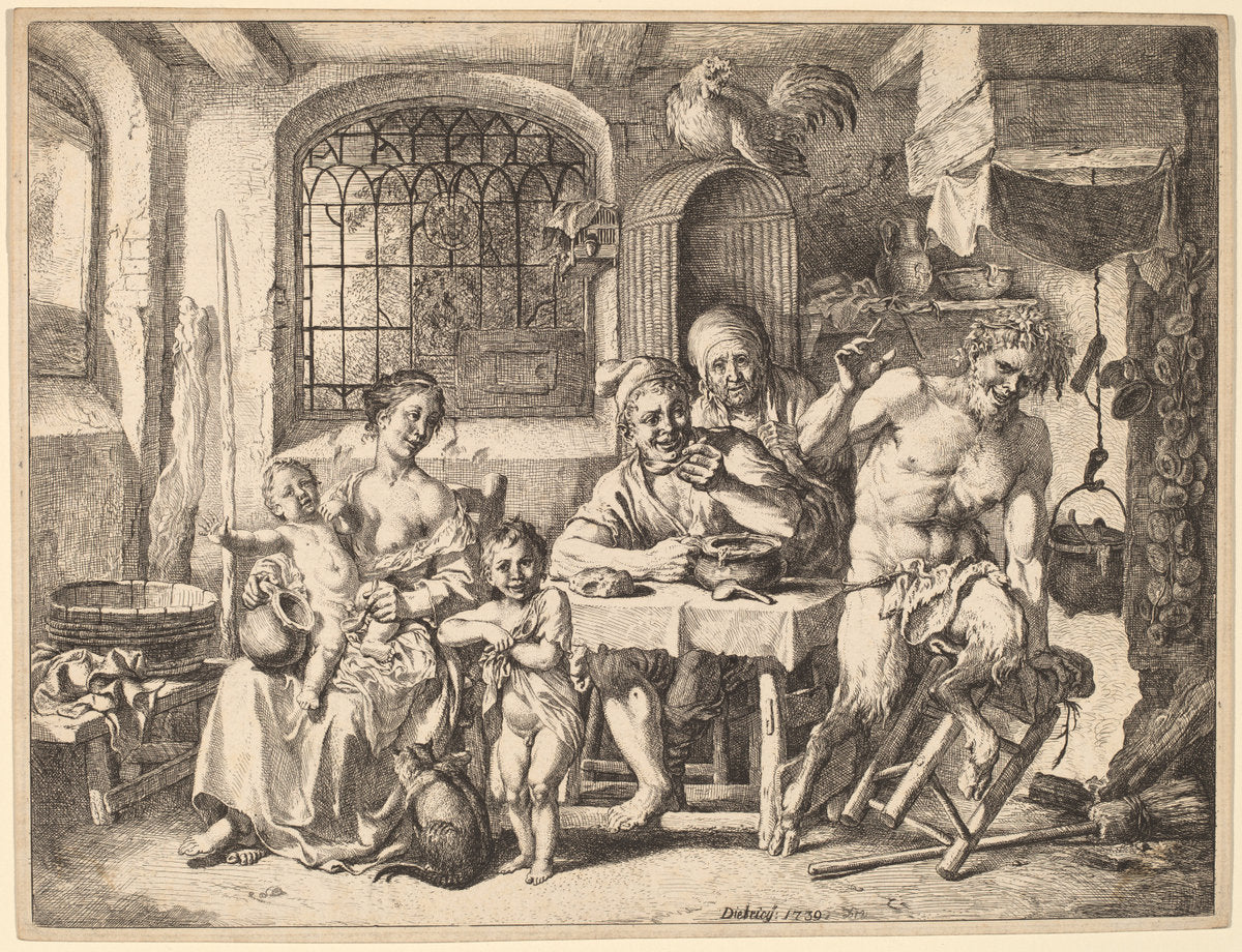 A Satyr Visiting a Peasant Family by Christian Wilhelm Ernst Dietrich (German, 1712 - 1774), 16X12"(A3)Poster Print
