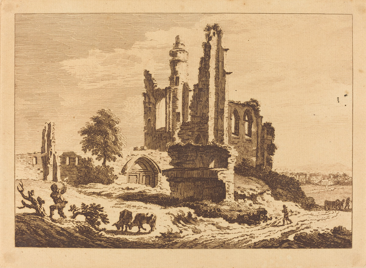 Ruined Abbey with Cattle and a Man Chopping Wood by Paul Sandby (British, 1731 - 1809), 16X12"(A3)Poster Print