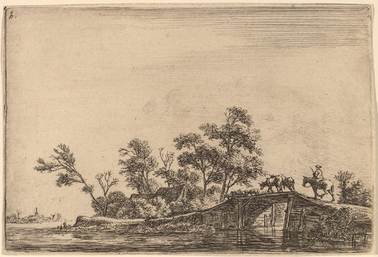 Rider and Flock on a Bridge by Anthonie Waterloo (Dutch, 1609/1610 - 1690), 16X12"(A3)Poster Print