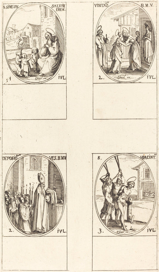 St. Simeon Salus; The Visitation; Deposition of the Virgin's Clothes; St. Hiacintus by Jacques Callot (French, 1592 - 1635), 16X12"(A3)Poster Print