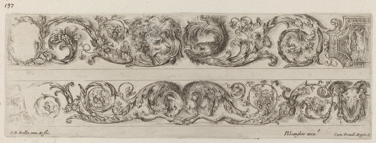 Two Ornamental Bands with Facing Heads of Lion and Eagle, and Two Rams by Stefano Della Bella (Italian, 1610 - 1664), 16X12"(A3)Poster Print