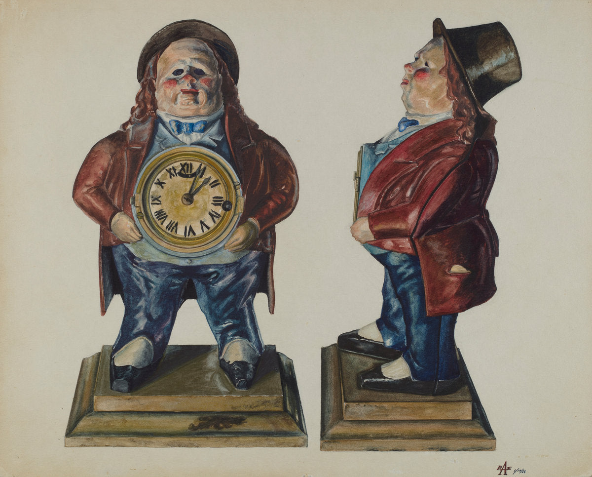 Clock-Toby (front and side view) by Ralph Atkinson (American, active c. 1935), 16X12"(A3)Poster Print
