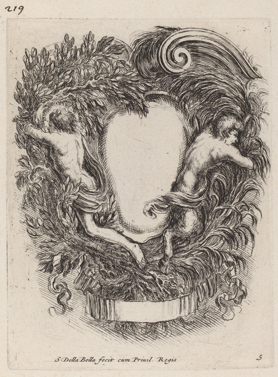 Cartouche with Apollo and Pan by Stefano Della Bella (Italian, 1610 - 1664), 16X12"(A3)Poster Print