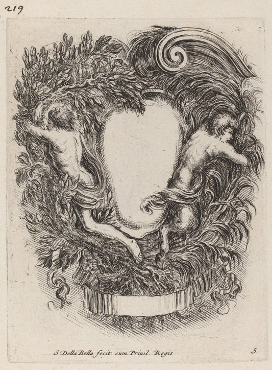 Cartouche with Apollo and Pan by Stefano Della Bella (Italian, 1610 - 1664), 16X12"(A3)Poster Print