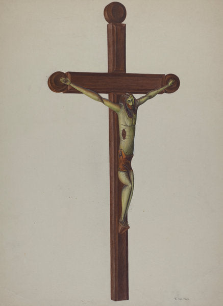 Carved Wooden Crucifix by Vera Van Voris (American, active c. 1935), 16X12"(A3)Poster Print