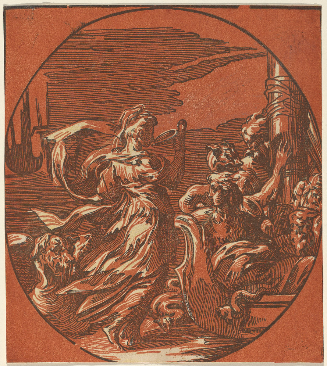 chiaroscuro woodcut in burnt orange and black by after Parmigianino (Circe), 16X12"(A3)Poster Print