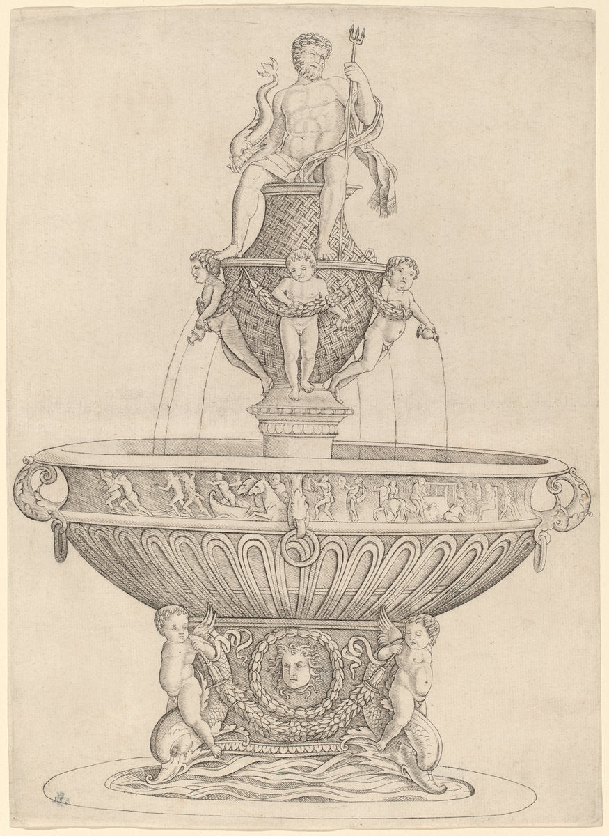 Fountain with Statue of Neptune by Zoan Andrea (Italian, active c. 1475/1519), 16X12"(A3)Poster Print