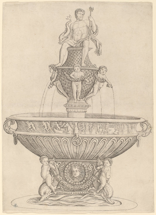 Fountain with Statue of Neptune by Zoan Andrea (Italian, active c. 1475/1519), 16X12"(A3)Poster Print