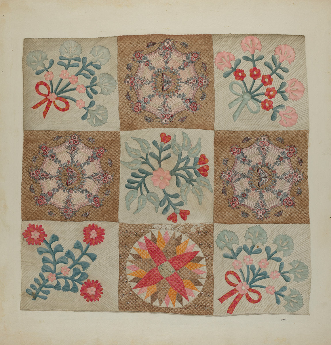 Applique and Patchwork Quilt by A. Zimet (American, active c. 1935), 16X12"(A3)Poster Print