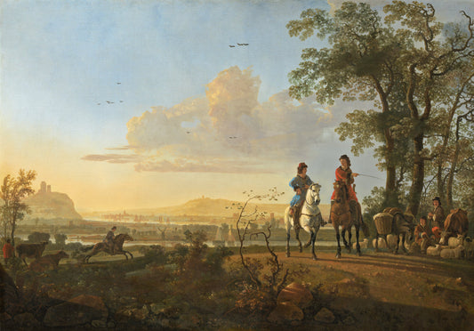 Horsemen and Herdsmen with Cattle by Aelbert Cuyp (Dutch, 1620 - 1691), 16X12"(A3)Poster Print