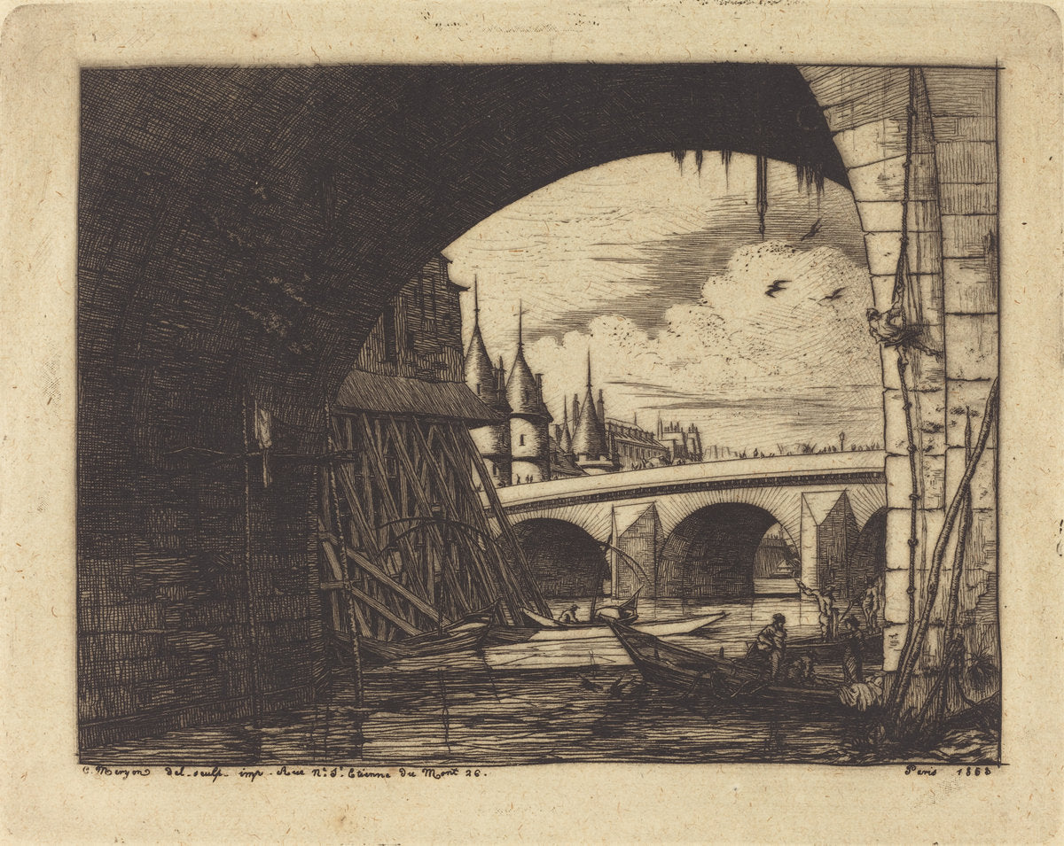 L'arche du Pont Notre-Dame, Paris (An Arch ofthe Notre-Dame Bridge, Paris) by Charles Meryon (French, 1821 - 1868), 16X12"(A3)Poster Print