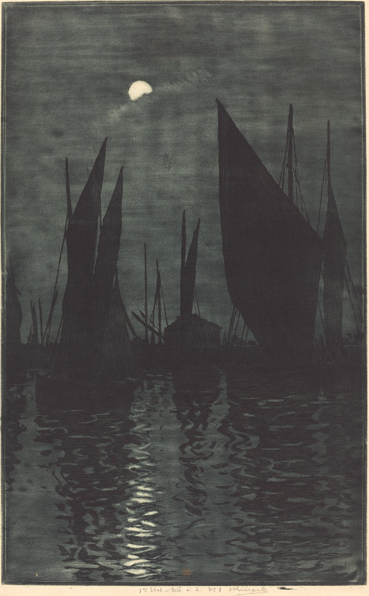Moonlight in the Harbor at Dieppe by Henri-Charles Guérard (French, 1846 - 1897), 16X12"(A3)Poster Print