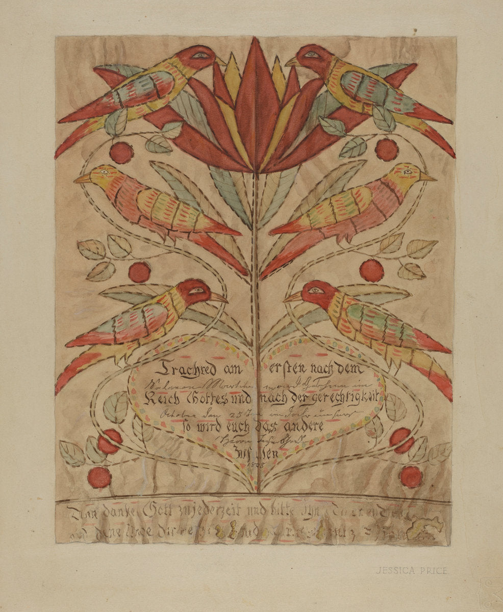 Fractur Drawing  (Birth Certificate) by Jessica Price (American, active c. 1935), 16X12"(A3)Poster Print