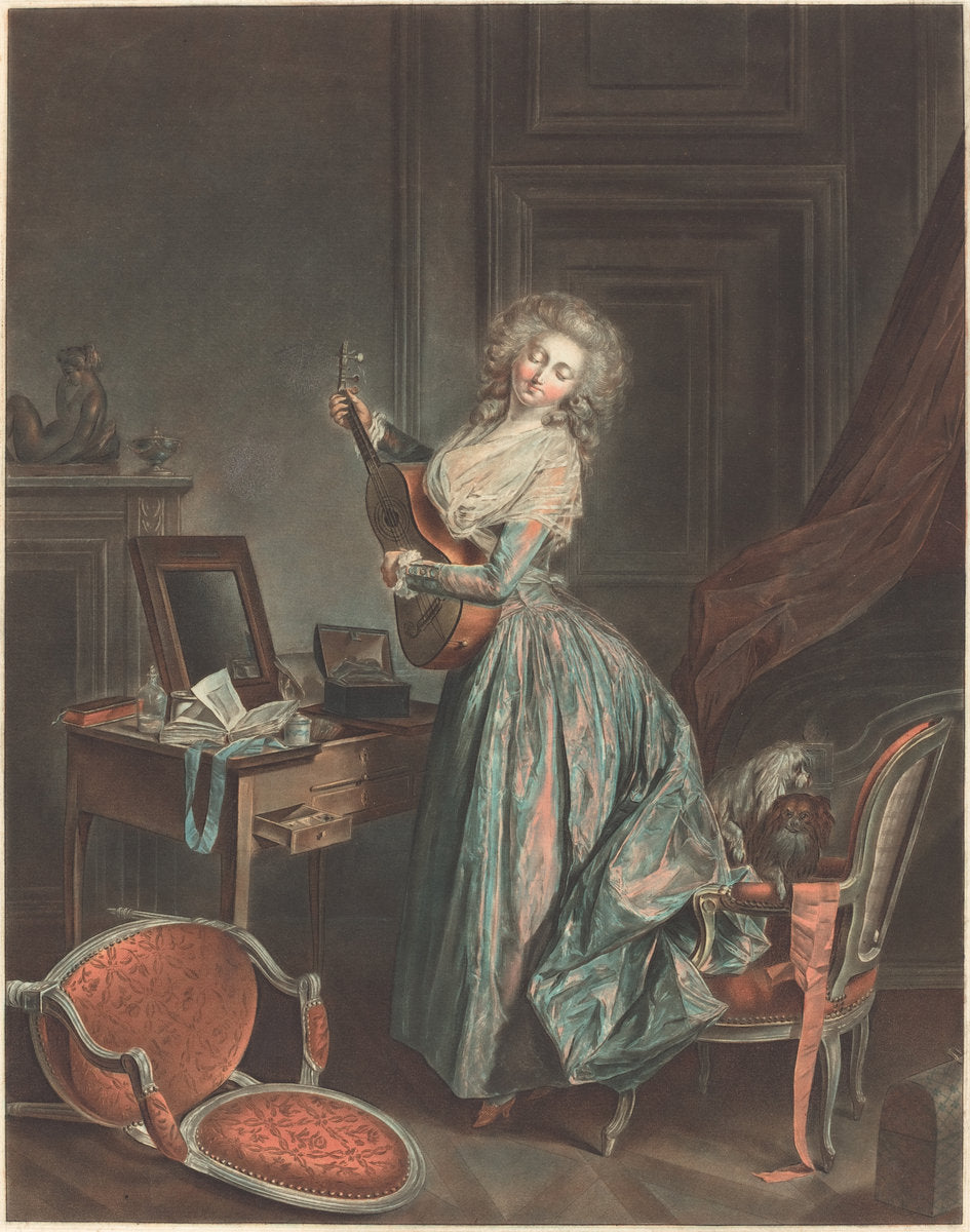 A Woman Playing the Guitar by Jean-François Janinet after Nicolas Lavreince (French, 1752 - 1814), 16X12"(A3)Poster Print