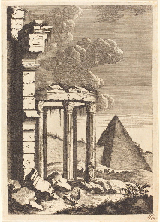 Goats before Ruins and a Pyramid by Bernhard Zaech after Jonas Umbach (German, active c. 1650), 16X12"(A3)Poster Print