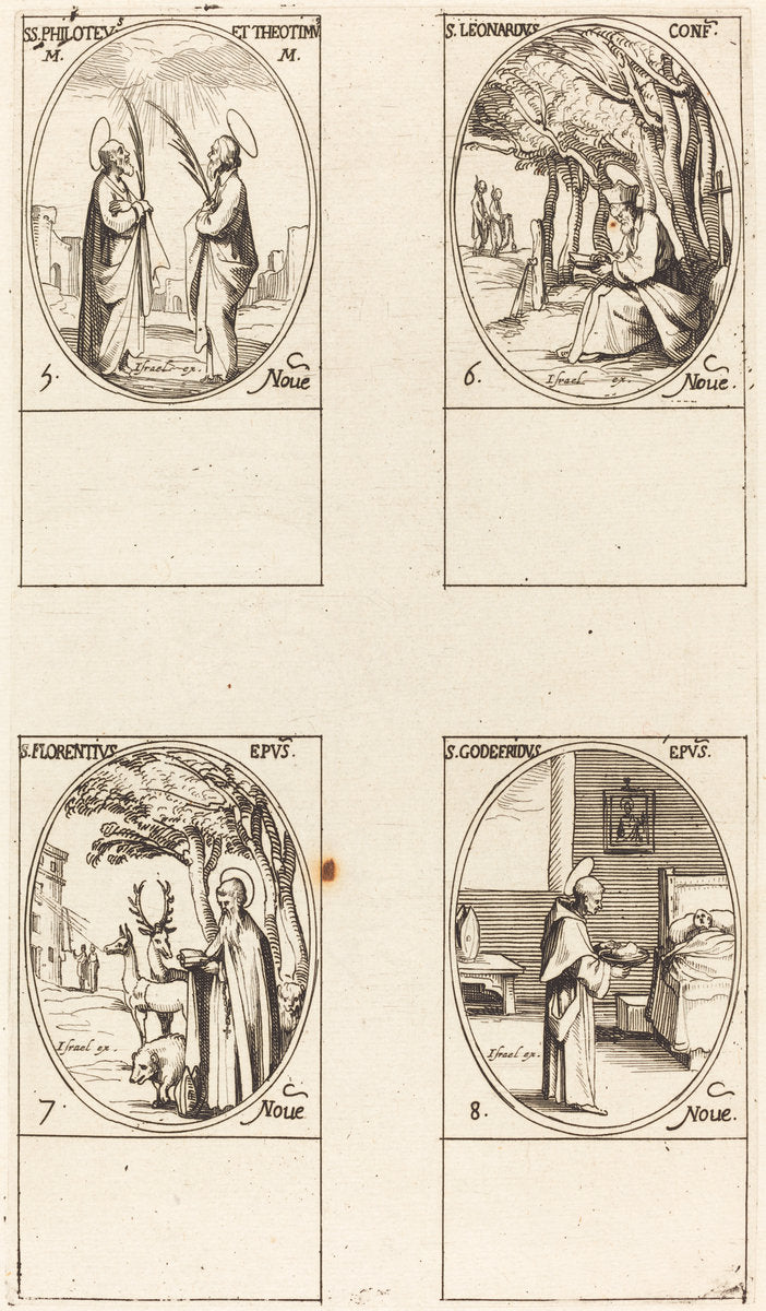 Sts. Philoteus and Theotimus; St. Leonard; St. Florentinus; St. Godfrey by Jacques Callot (French, 1592 - 1635), 16X12"(A3)Poster Print
