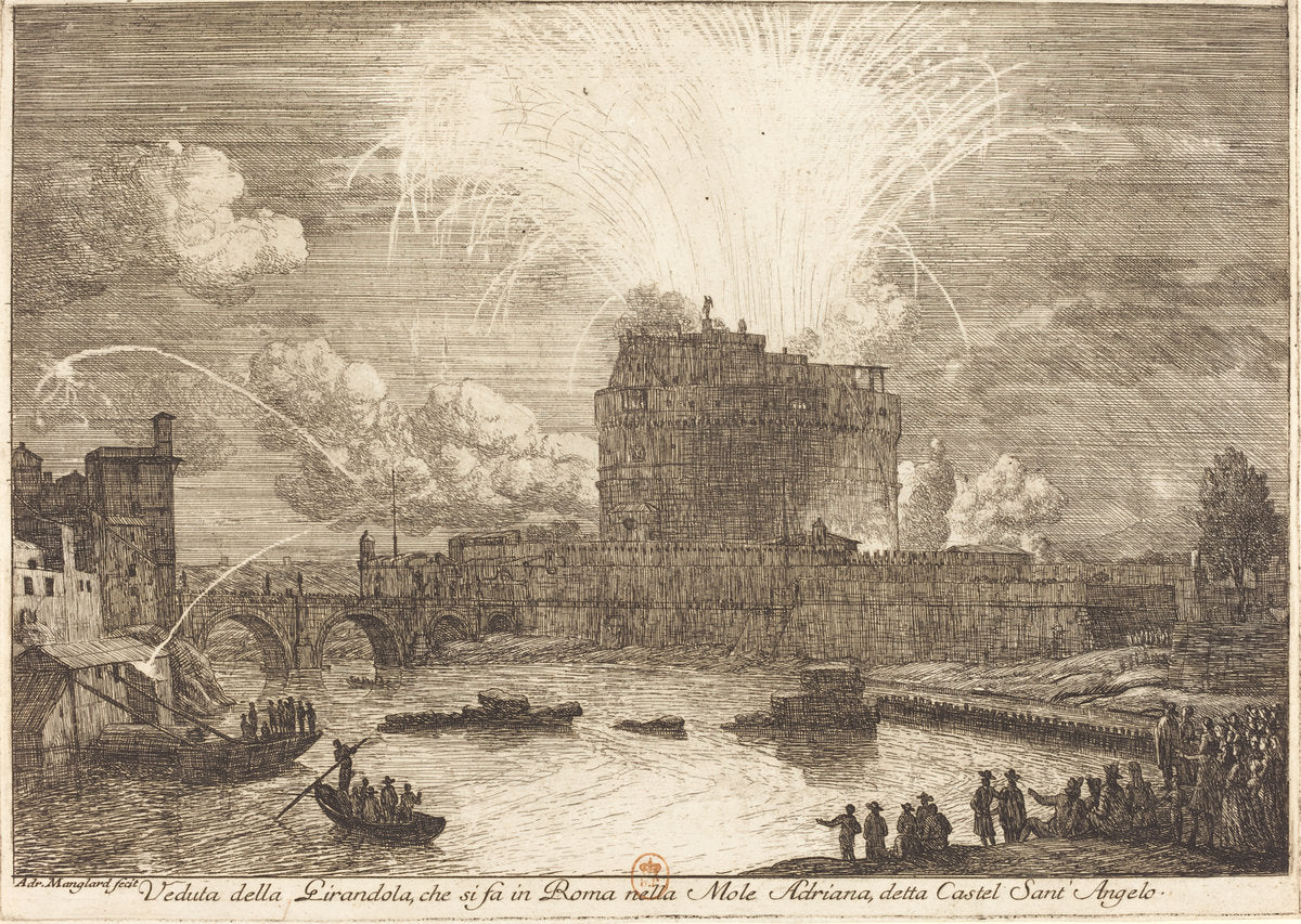 Veduta della Girandola a Castel Sant'Angelo (Fireworks Display over the Castle Sant'A by Adrien Manglard (French, 1695 - 1760), 16X12"(A3)Poster Print