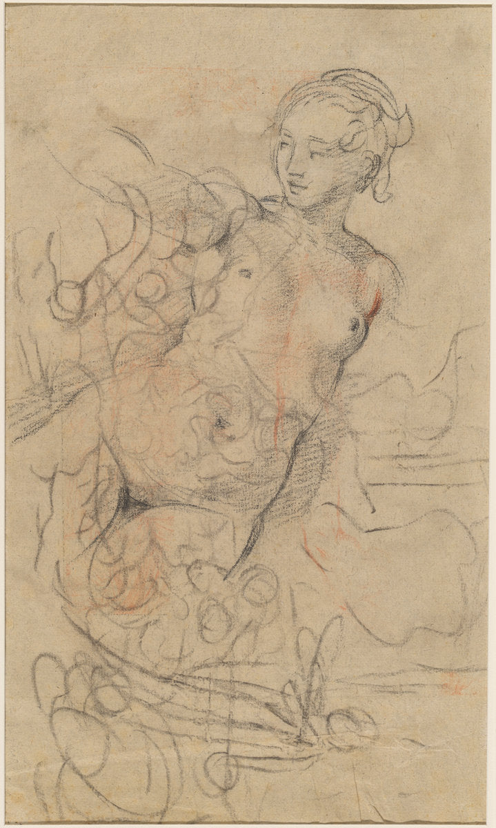 A Reclining Nude with Her Right Arm Raised over a Swift Composition Study [verso] by Jean-Baptiste Deshays (French, 1729 - 1765), 16X12"(A3)Poster Print