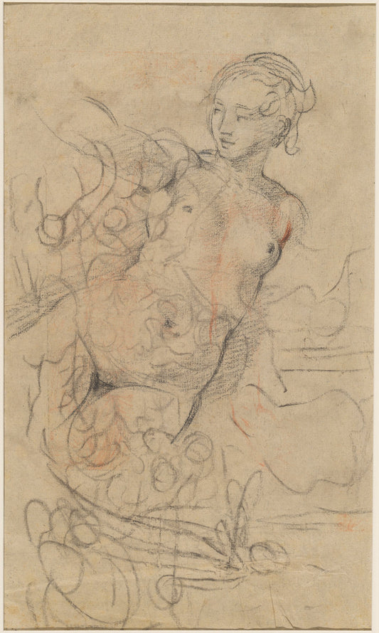 A Reclining Nude with Her Right Arm Raised over a Swift Composition Study [verso] by Jean-Baptiste Deshays (French, 1729 - 1765), 16X12"(A3)Poster Print