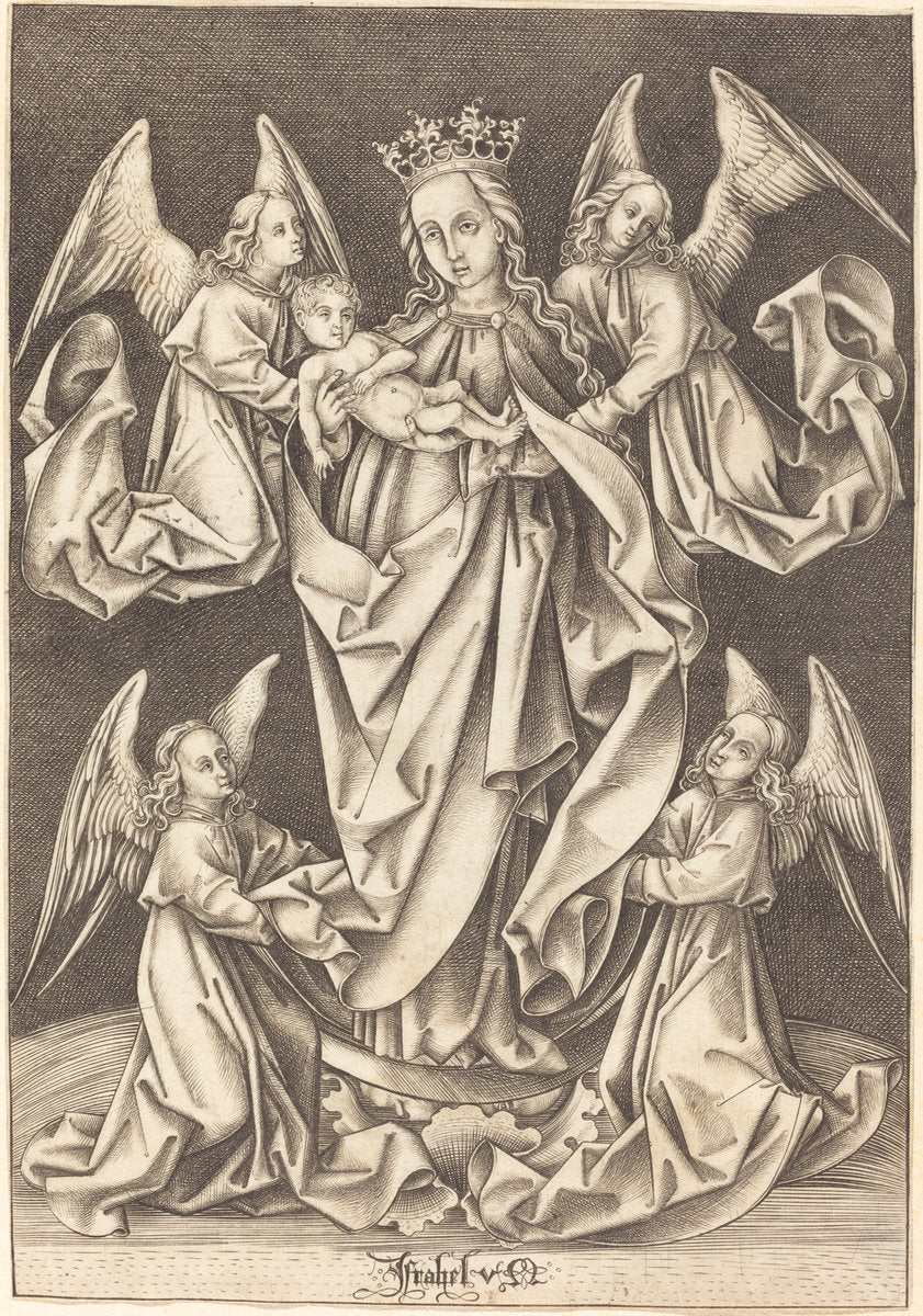 The Madonna and Child on the Crescent Supported by Four Angels by Israhel van Meckenem (German, c. 1445 - 1503), 16X12"(A3)Poster Print