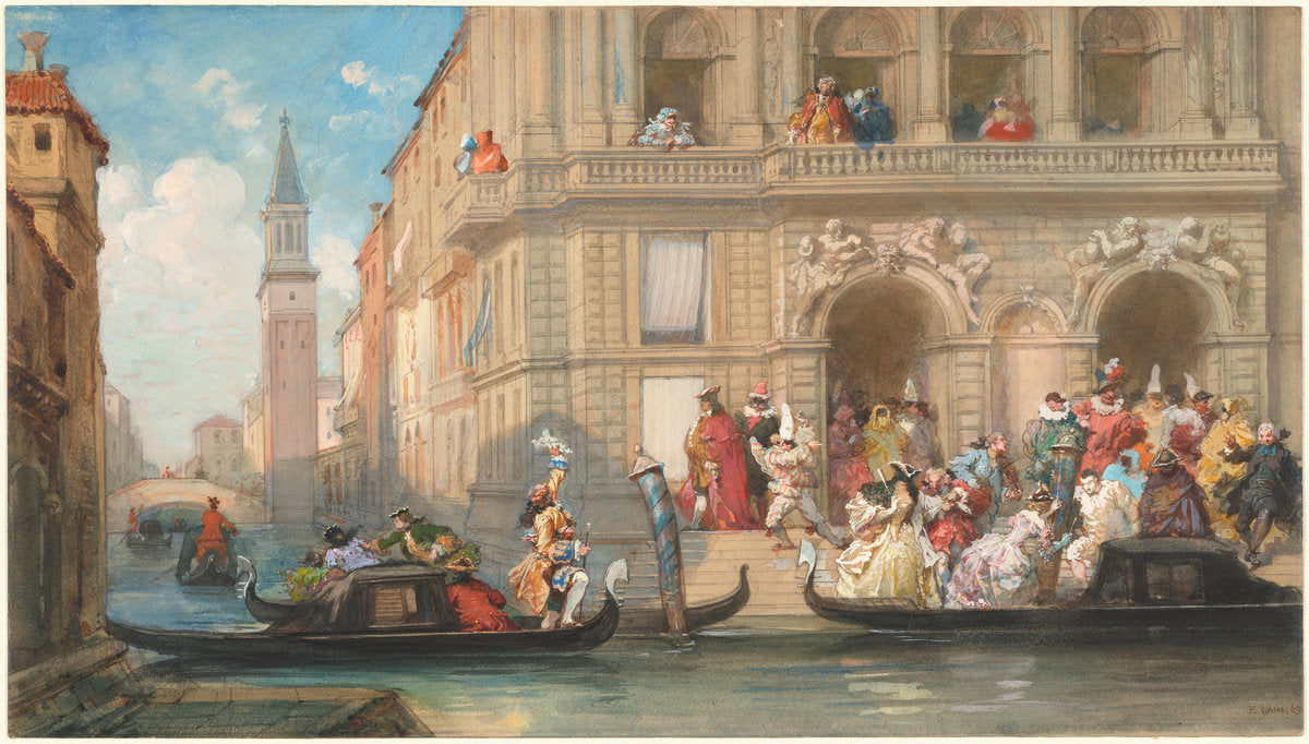 Masqueraders Boarding Gondolas before a Venetian Palazzo by Eugène Louis Lami (French, 1800 - 1890), 16X12"(A3)Poster Print