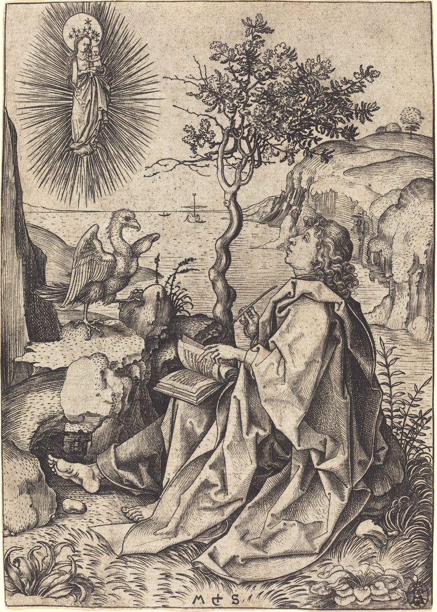 Saint John on Patmos by Martin Schongauer (German, c. 1450 - 1491), 16X12"(A3)Poster Print