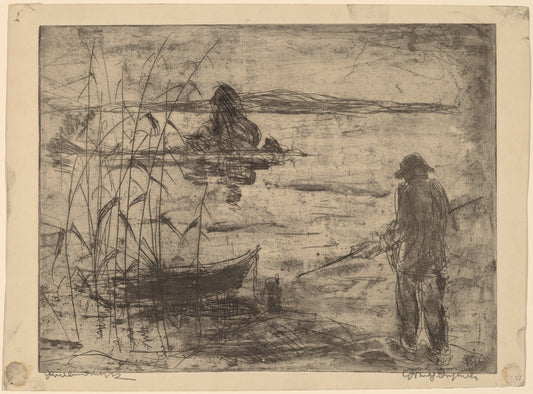 Fishing on the Havel River by Wilhelm Oesterle (German, 1876 - 1928), 16X12"(A3)Poster Print