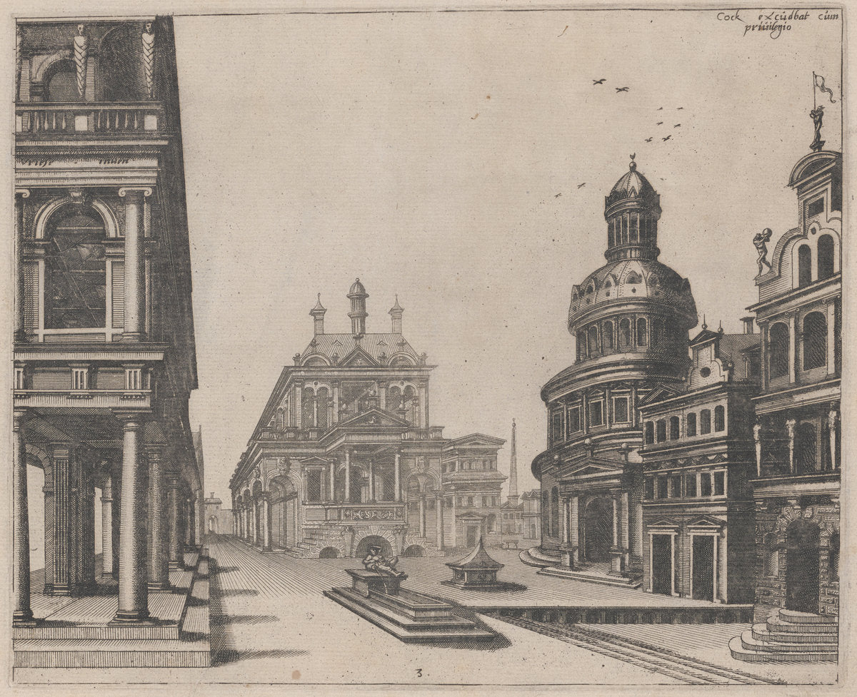Corner of a Palace with Colonnade and Circular Building by Lucas van Doetechum and Johannes van Doetechum, the Elder, after Hans Vredeman de Vries (Dutch, active 1554/1572; died before 1589), 16X12"(A3)Poster Print