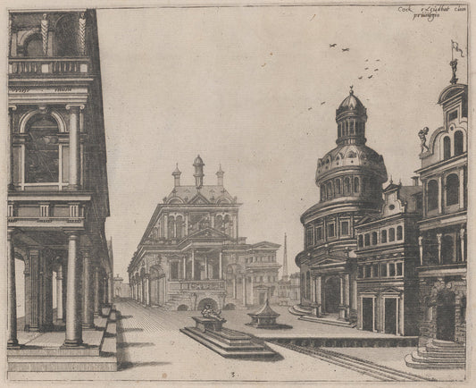 Corner of a Palace with Colonnade and Circular Building by Lucas van Doetechum and Johannes van Doetechum, the Elder, after Hans Vredeman de Vries (Dutch, active 1554/1572; died before 1589), 16X12"(A3)Poster Print