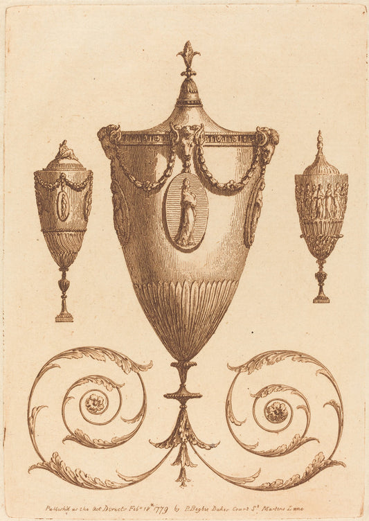Three Classical Vases, One with Flourishes by Patrick Begbie (British, 18th century), 16X12"(A3)Poster Print
