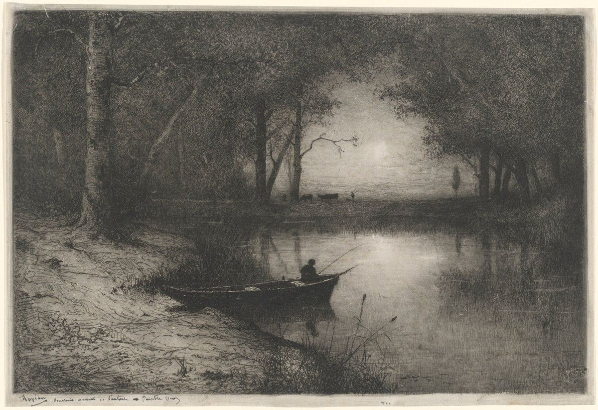 Pêcheur en Canot, au bord d'une Rivière (Fisherman in a Boat) by Adolphe Appian (French, 1818 - 1898), 16X12"(A3)Poster Print
