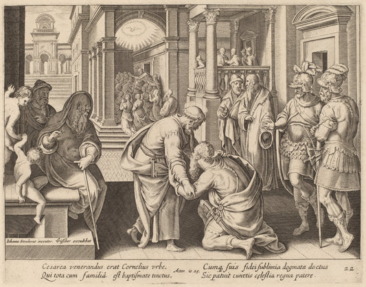Cornelius Worshipping Saint Peter by Philip Galle after Jan van der Straet (Flemish, 1537 - 1612), 16X12"(A3)Poster Print