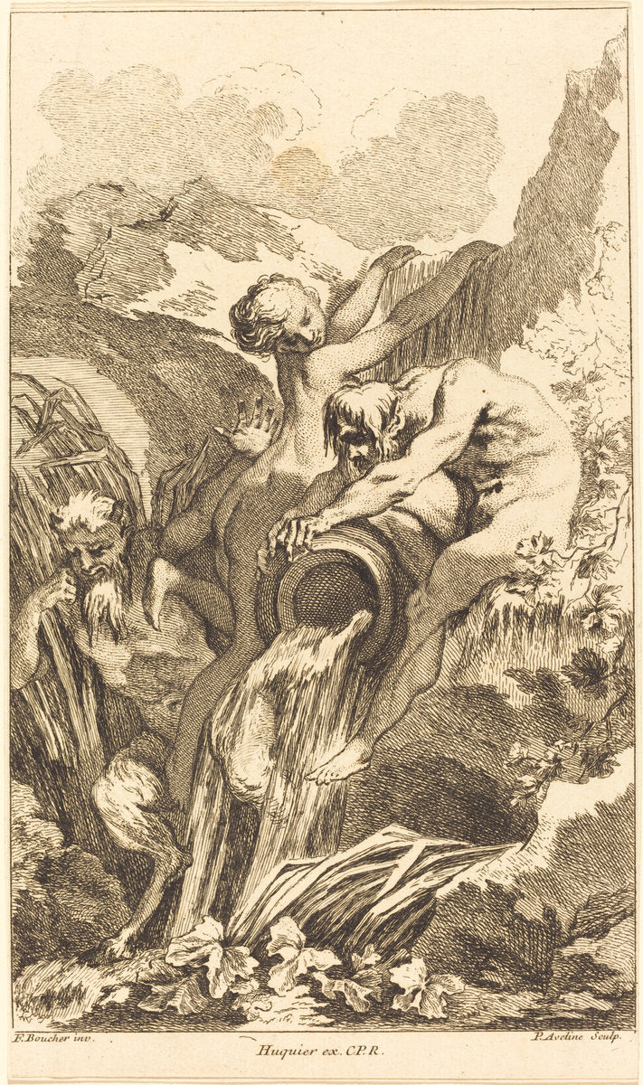Satyr, Nymph and River God by Pierre-Alexandre Aveline after François Boucher (French, probably 1702 - 1760), 16X12"(A3)Poster Print