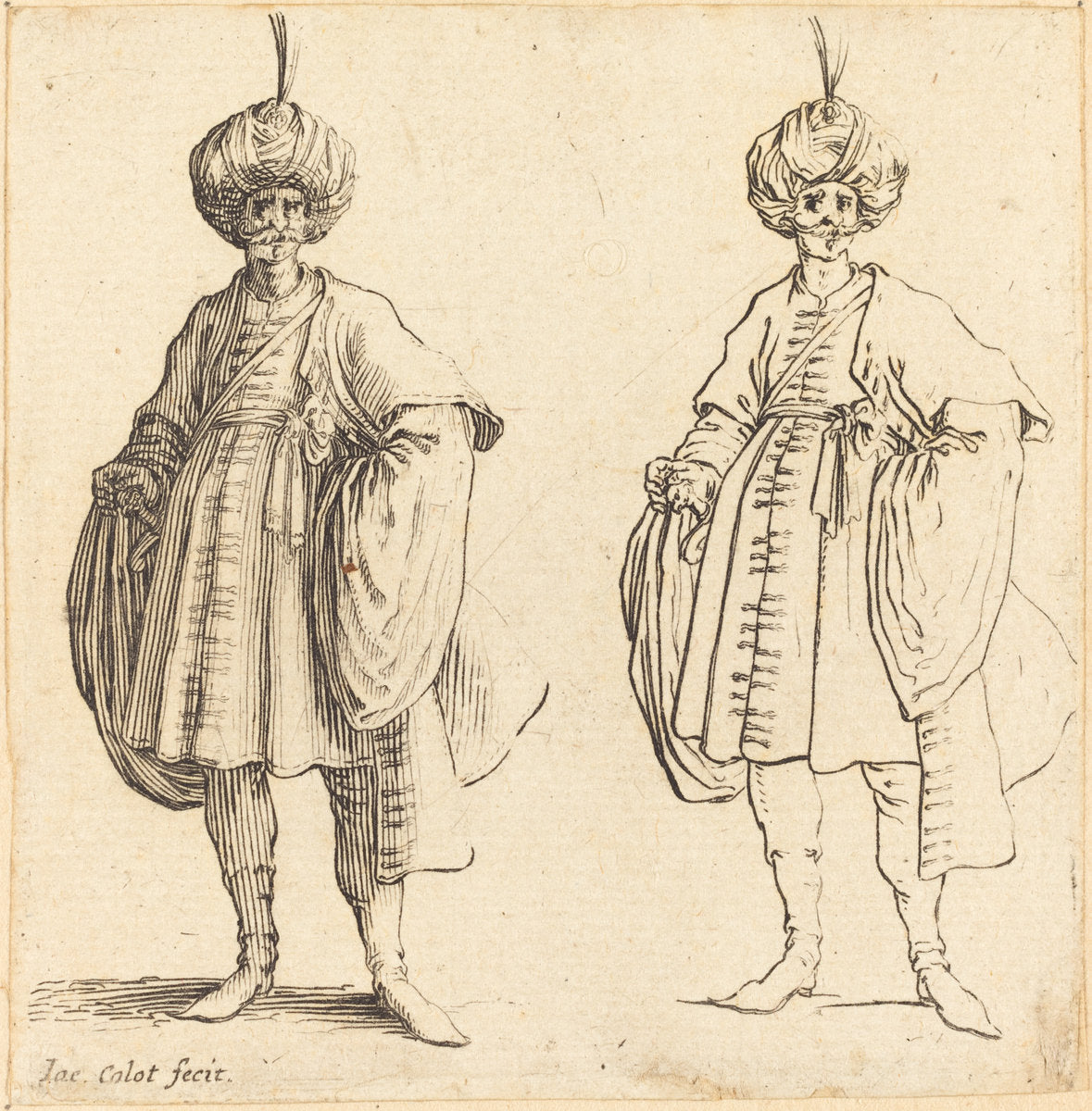 Two Turks Dressed in Turbans with a Plume by Jacques Callot (French, 1592 - 1635), 16X12"(A3)Poster Print