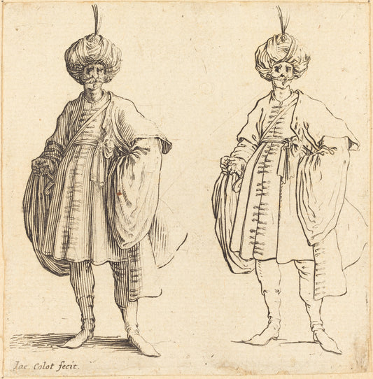 Two Turks Dressed in Turbans with a Plume by Jacques Callot (French, 1592 - 1635), 16X12"(A3)Poster Print