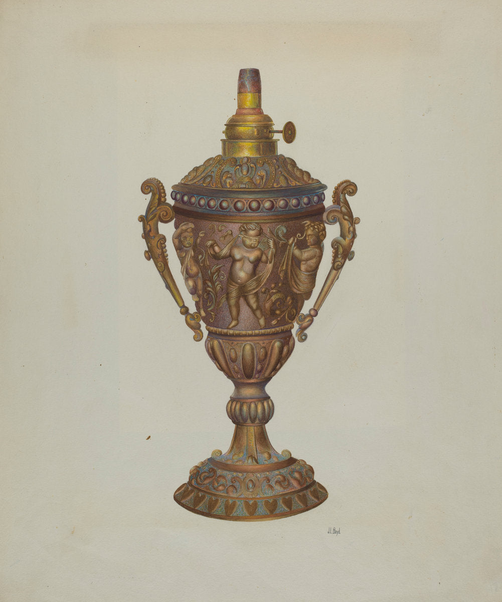 Ornamental Oil Lamp by Joseph L. Boyd (American, active c. 1935), 16X12"(A3)Poster Print