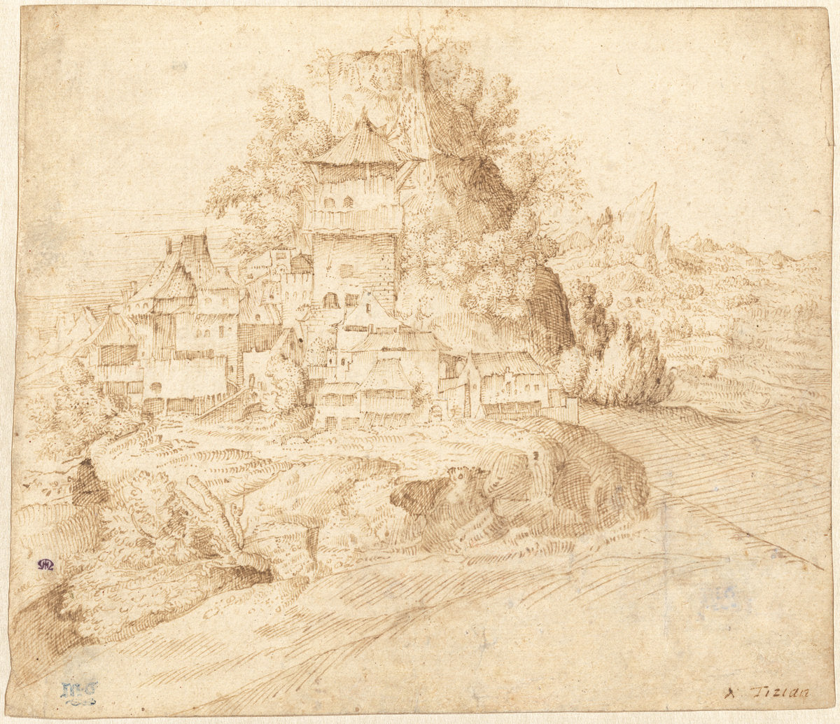 A Village Nestled at the Foot of a Hill (recto) by Circle of Giorgione (Giulio Campagnola?) (Venetian, 1477/1478 - 1510), 16X12"(A3)Poster Print