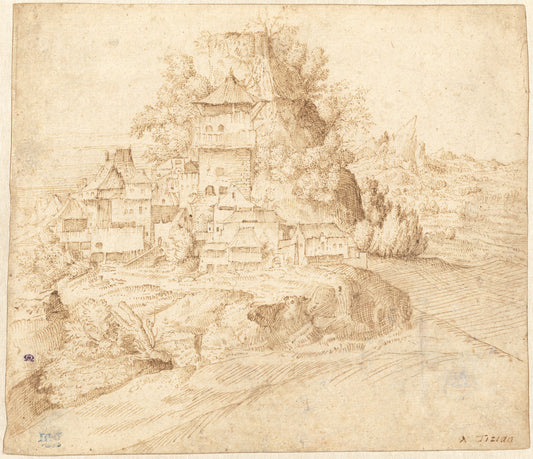 A Village Nestled at the Foot of a Hill (recto) by Circle of Giorgione (Giulio Campagnola?) (Venetian, 1477/1478 - 1510), 16X12"(A3)Poster Print