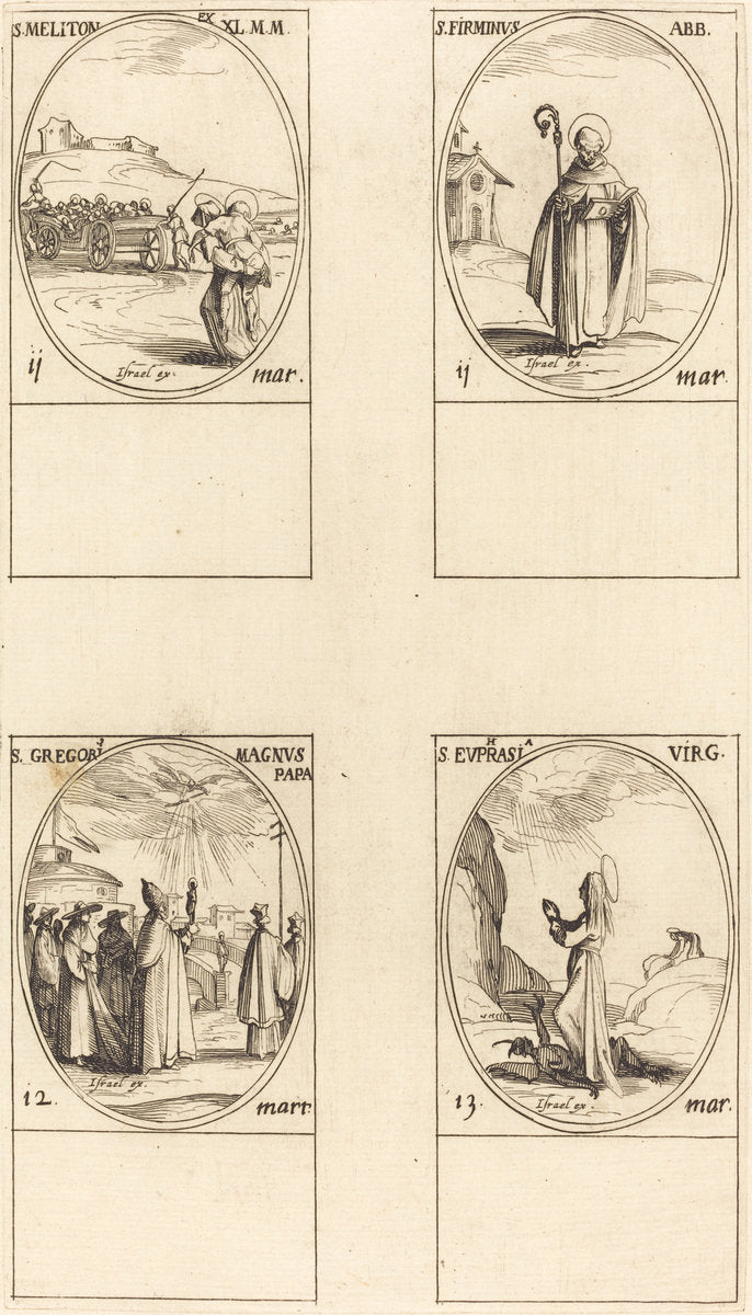 St. Meliton; St. Firminus; St. Gregory the Great; St. Euphrasia by Jacques Callot (French, 1592 - 1635), 16X12"(A3)Poster Print